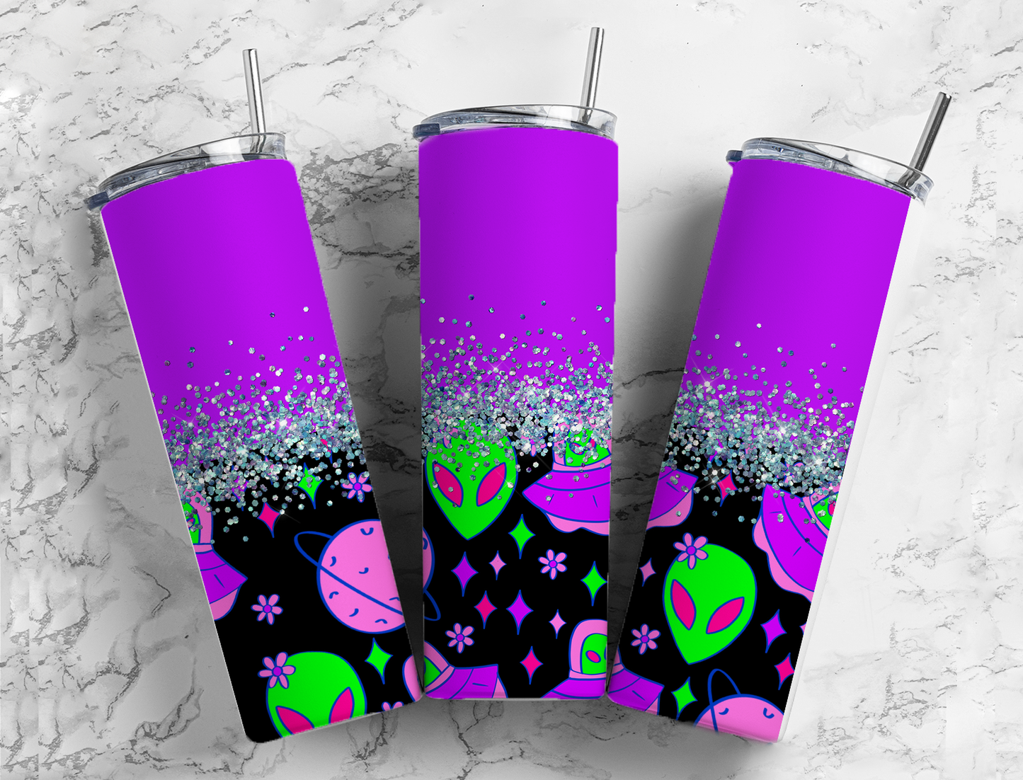 Glitter Purple Alien UFO Stainless Steel Tumbler