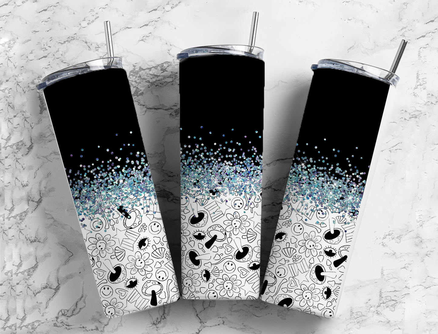 Glitter Black & White Smiley Faces Stainless Steel Tumbler