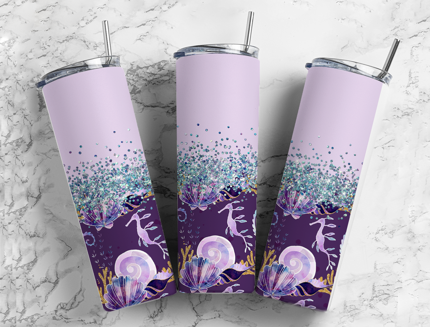 Glitter Sea Horse & sea shells Stainless Steel Tumbler