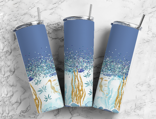 Glitter Blue Sea horses Stainless Steel Tumbler