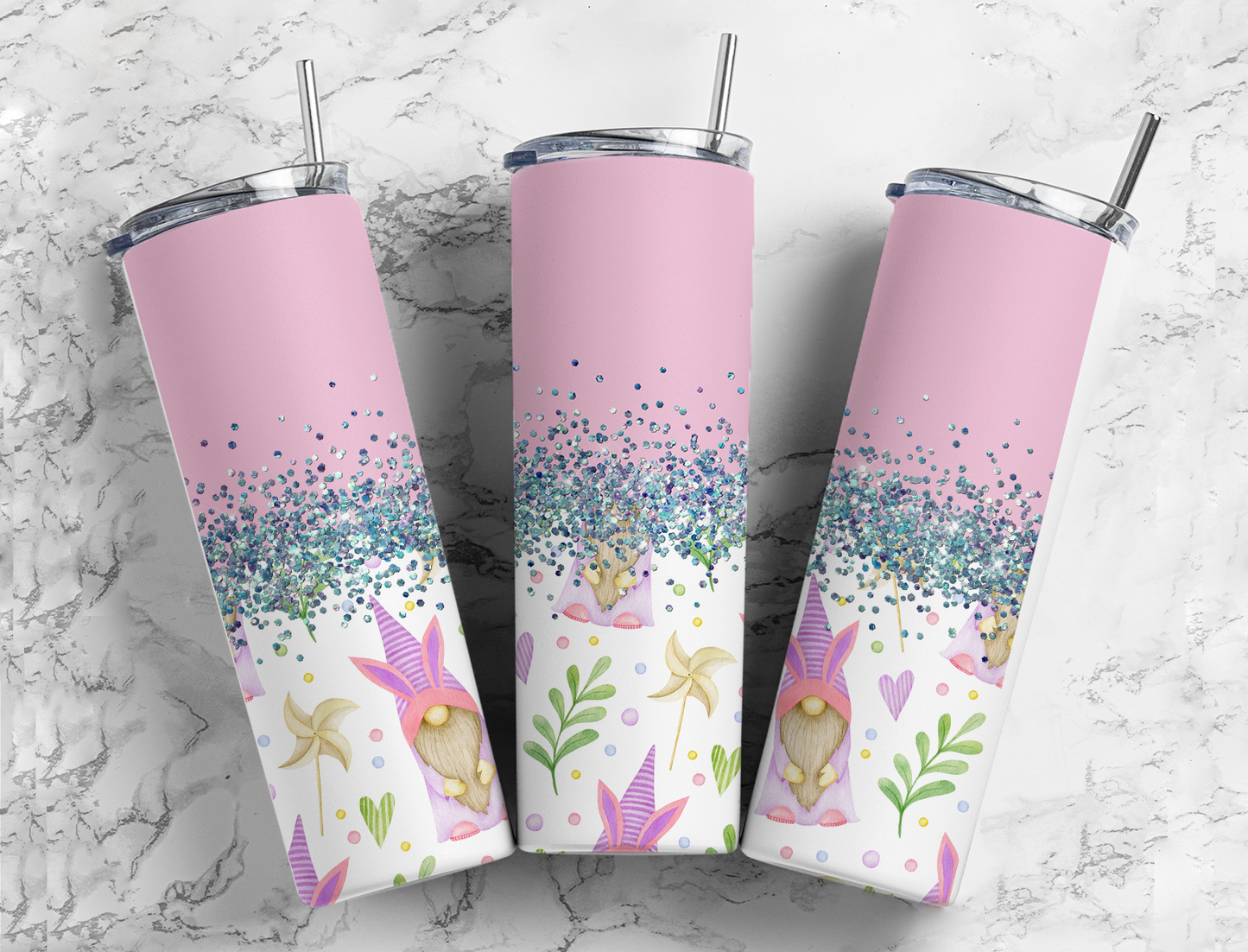 Glitter Pink Easter Gnome Bunny Stainless Steel Tumbler