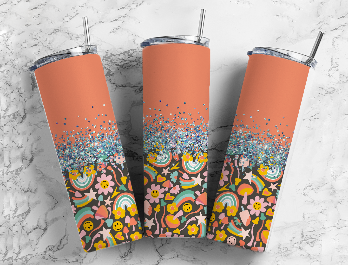 Glitter Orange W/Rainbows & Flowers Stainless Steel Tumbler