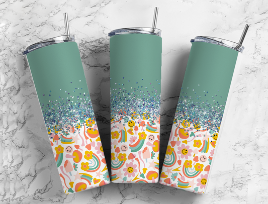 Glitter Green W/Rainbows & Flowers Stainless Steel Tumbler