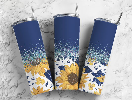 Glitter Blue Sunflower Stainless Steel Tumbler