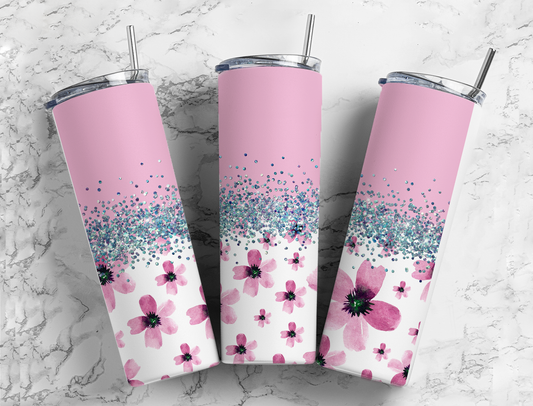 Glitter Pink Water Color Flowers Stainless Steel Tumbler