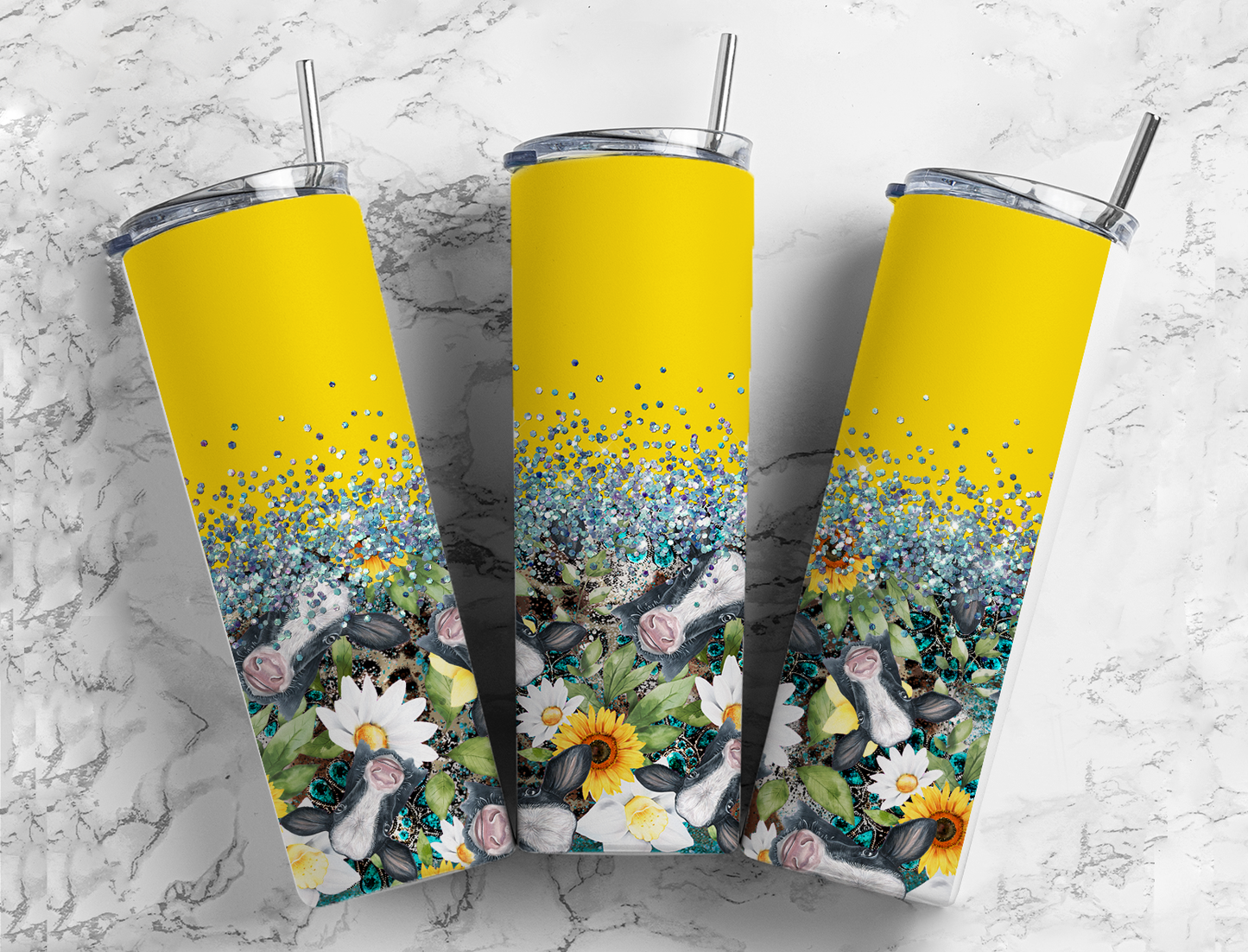 Glitter Yellow Cow Faces Stainless Steel Tumbler