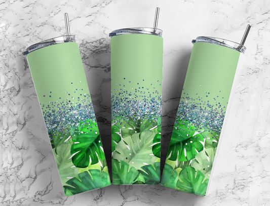 Glitter Lime Green Monstera Leaf Stainless Steel Tumbler