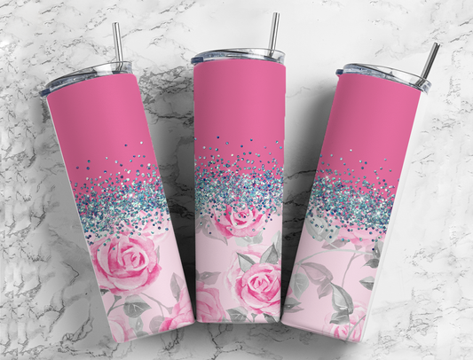 Glitter Pink & gray Roses Stainless Steel Tumbler