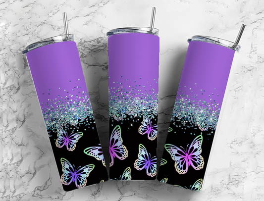 Glitter Split Purple W/Butterflies Stainless Steel Tumbler