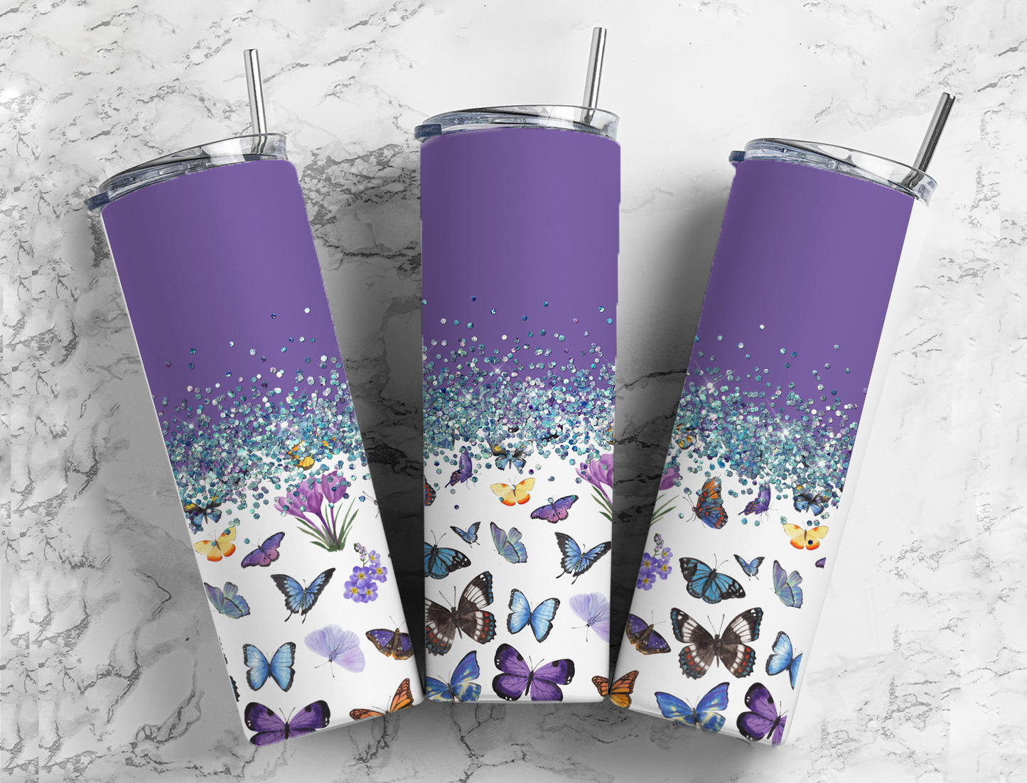 Glitter Split Purple Cute Butterflies Stainless Steel Tumbler