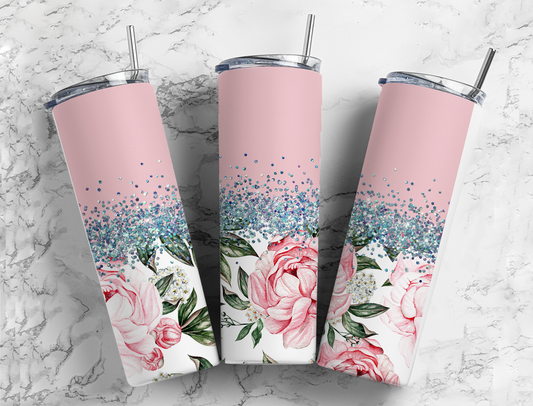 Glitter Split Pink Roses Stainless Steel Tumbler