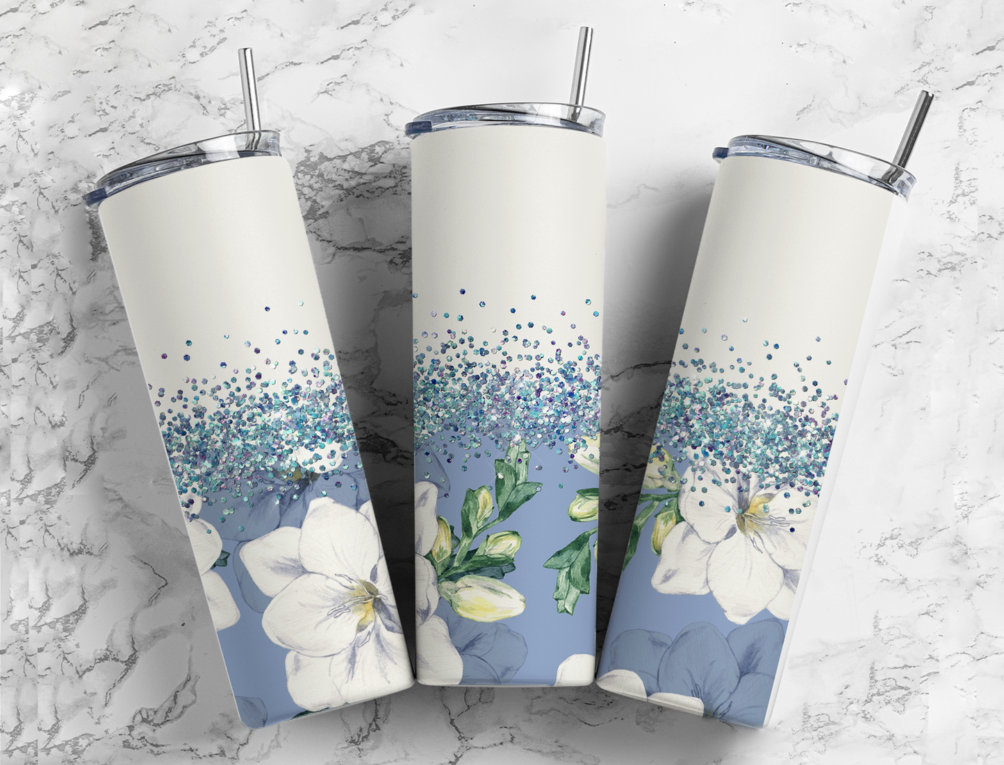 Glitter Split White & Blue W/ White Flowers Stainless Steel Tumbler