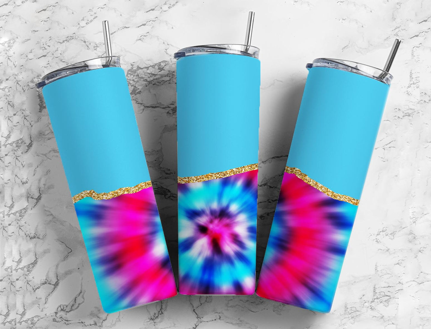 Split Gold Design- Blue Tye Dye Stainless Steel Tumbler