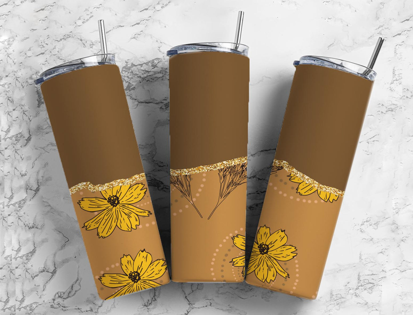 Split Gold Design-Brown & Golden Flowers Stainless Steel Tumbler