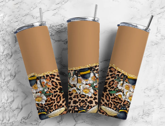 Split Gold Design- Brown Cheetah Print Bumble Bee Stainless Steel Tumbler