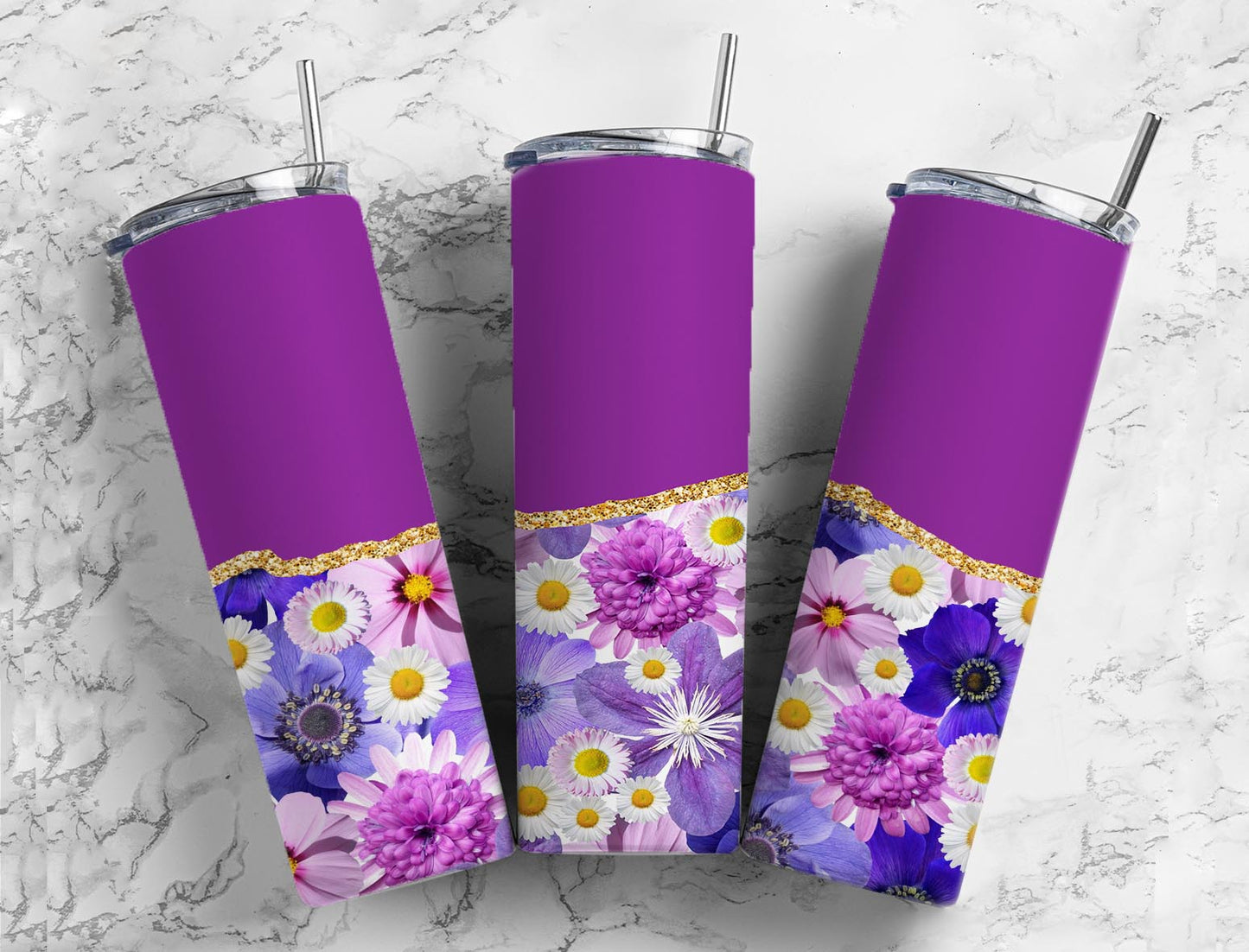 Split Gold Design- Purple Assorted Flowers Stainless Steel Tumbler