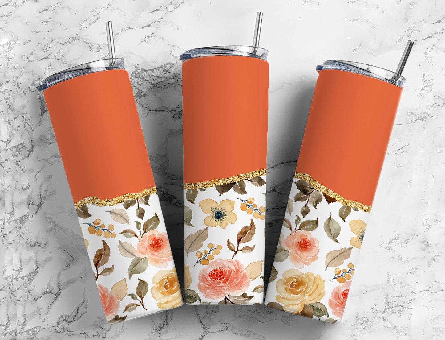 Split Gold Design-Burnt Orange Floral Stainless Steel Tumbler