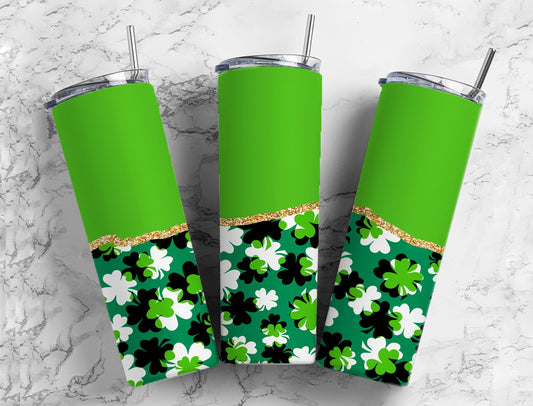 Split Gold Design- Light Green Four Leaf Clovers Stainless Steel Tumbler