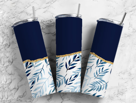 Split Gold Design-Dark Blue Leaves Stainless Steel Tumbler