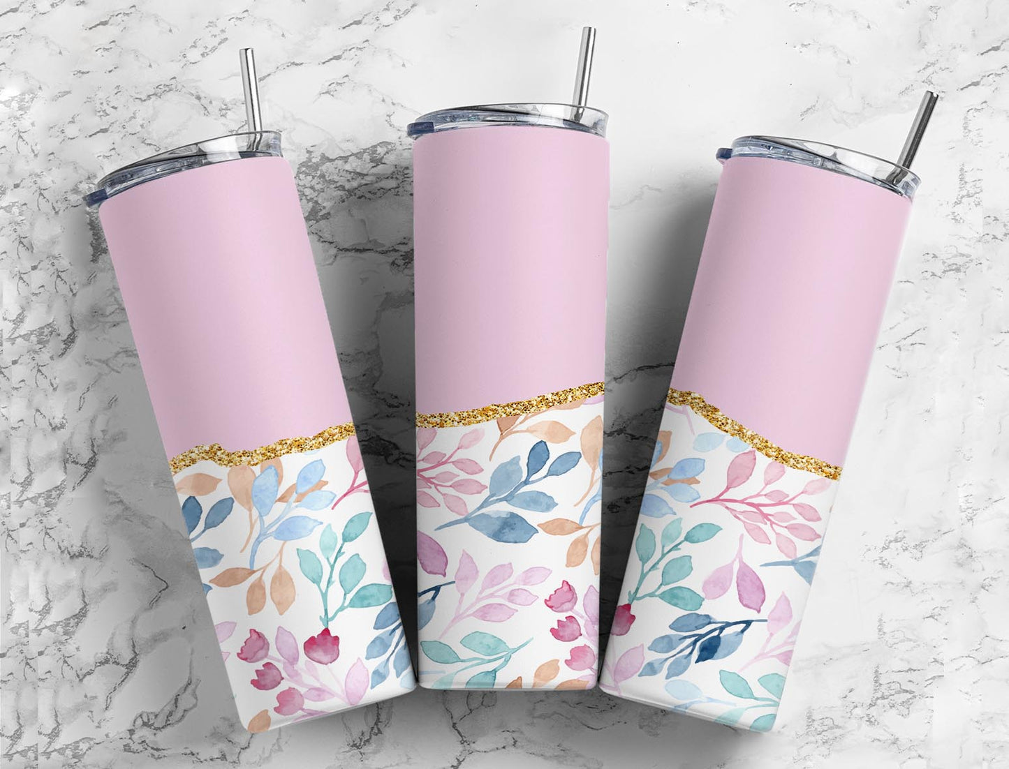 Split Gold Design- Pink Leaves Stainless Steel Tumbler