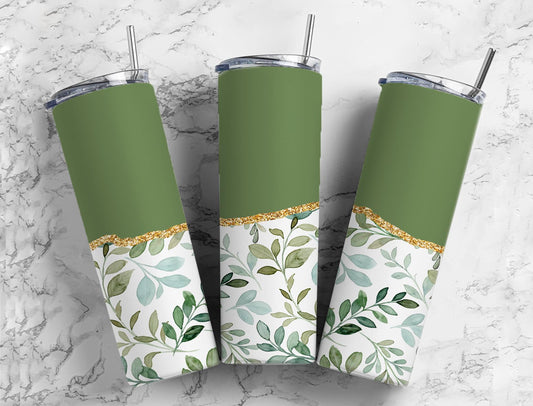 Split Gold Design- Green Leaves Stainless Steel Tumbler