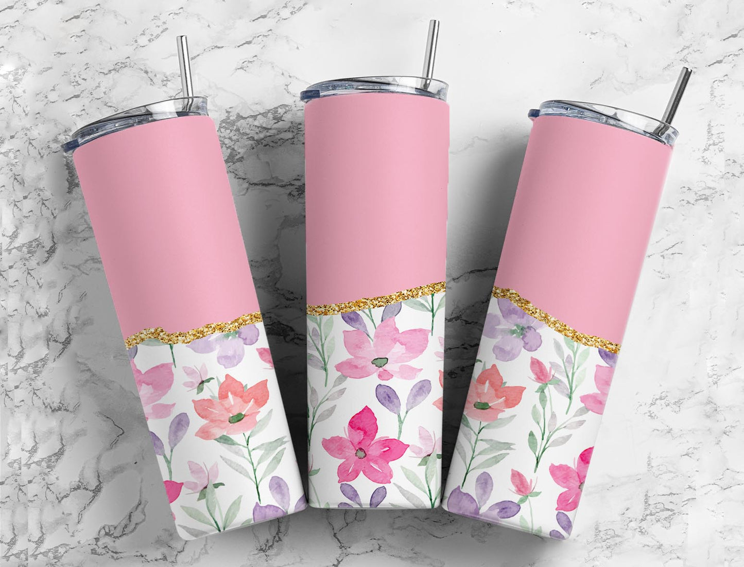 Split Gold Design-Pink Watercolor floral Stainless Steel Tumbler