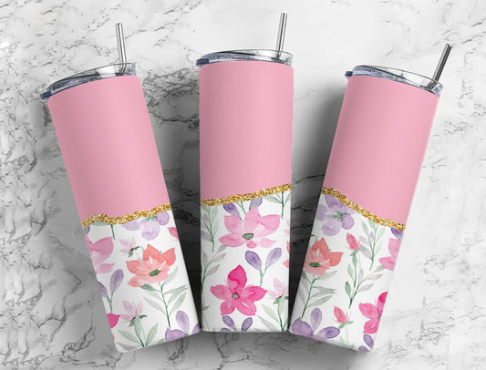 Split Gold Design-Pink Watercolor floral Stainless Steel Tumbler