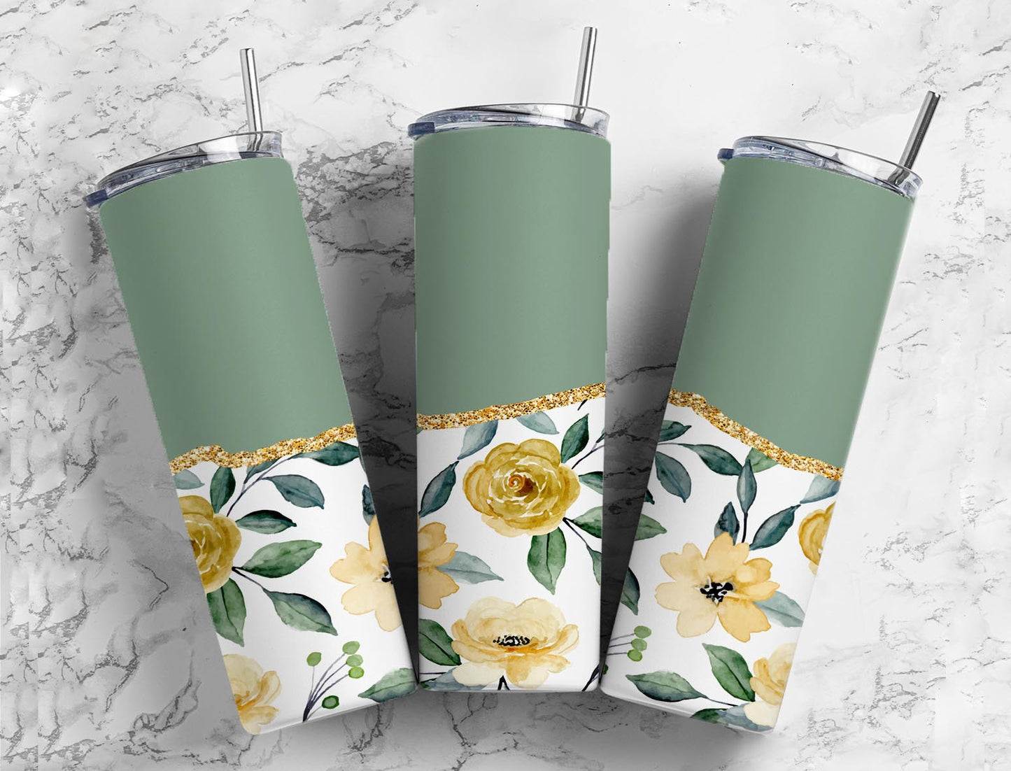 Split Gold Design-Sage Green Flowers Stainless Steel Tumbler