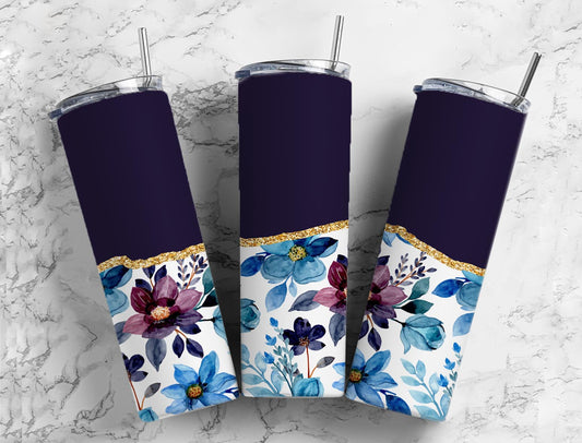 Split Gold design- Dark Blue Watercolor floral Stainless Steel Tumbler