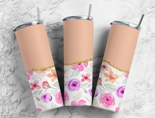 Split Gold Design-Tan Watercolor Flowers Stainless Steel Tumbler