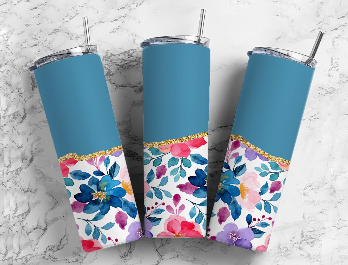 Split Gold Design- Cyan Blue Floral Stainless Steel Tumbler