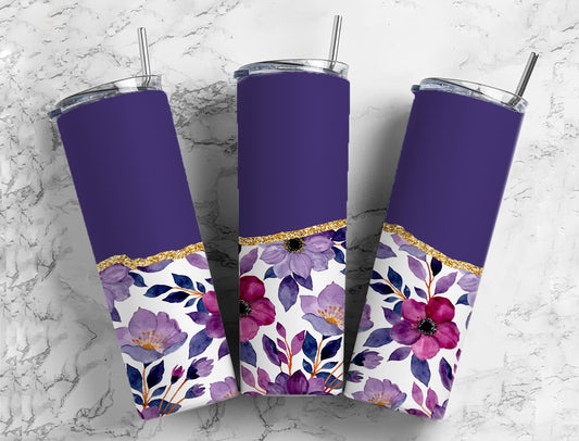 Split Gold Design- Purple Watercolor Flowers Stainless Steel Tumbler