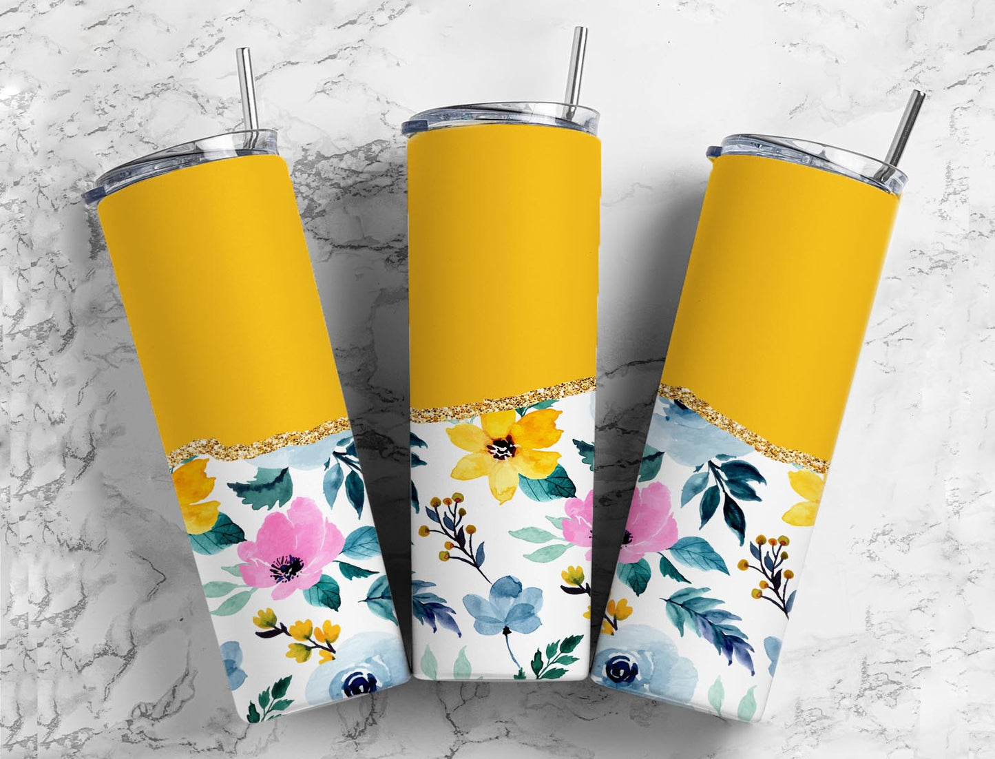 Split Gold Design-Golden Yellow Flowers Stainless Steel Tumbler