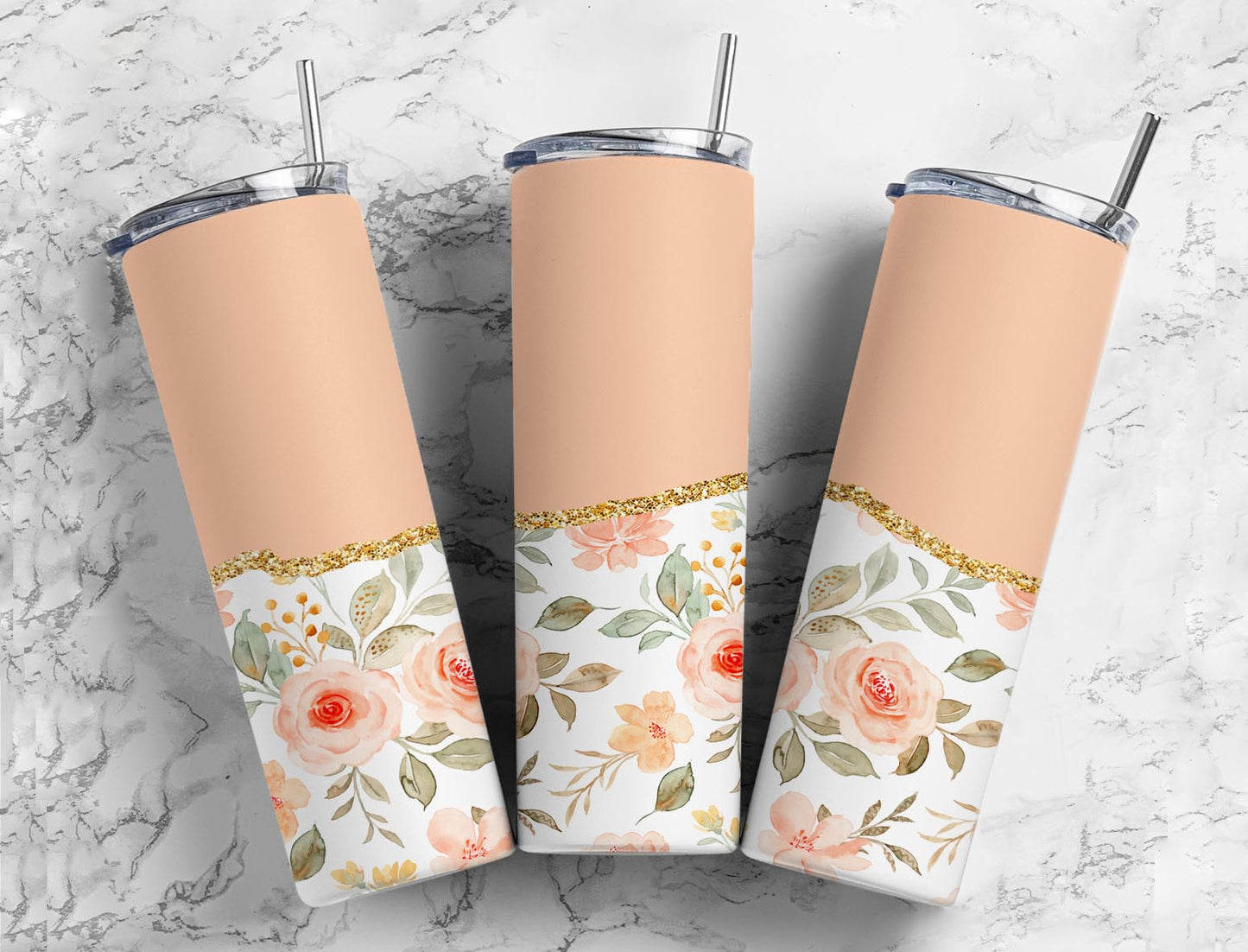 Split Gold Design-Peach Floral Stainless Steel Tumbler