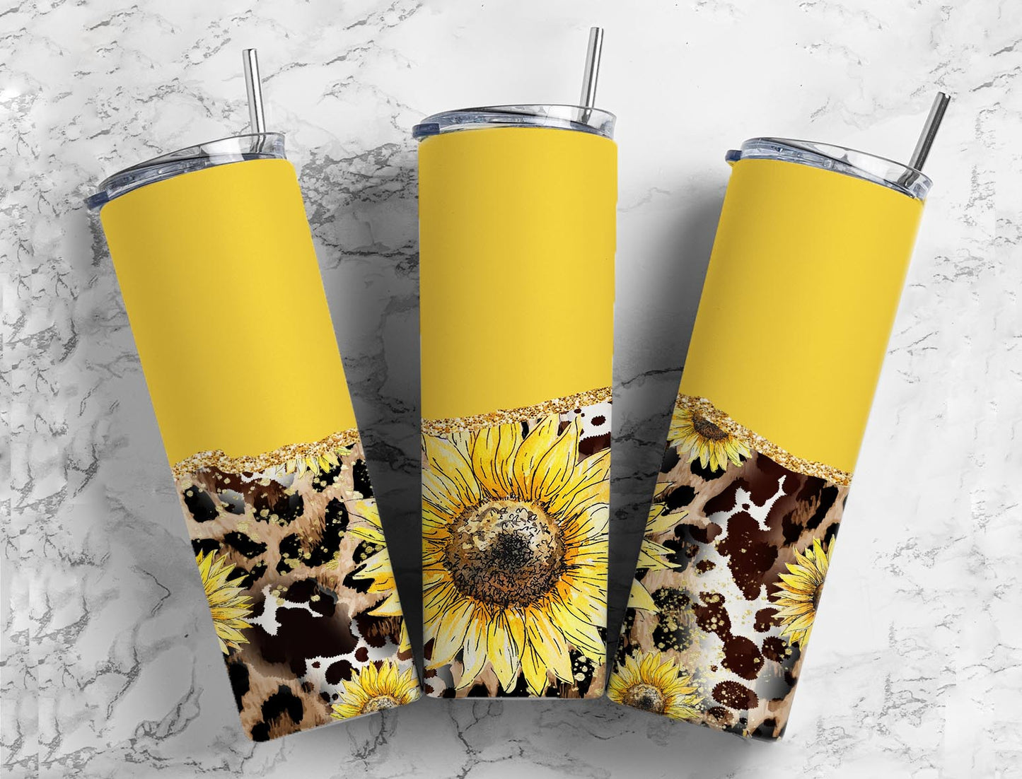 Split Yellow Cowhide Sunflower Stainless Steel Tumbler