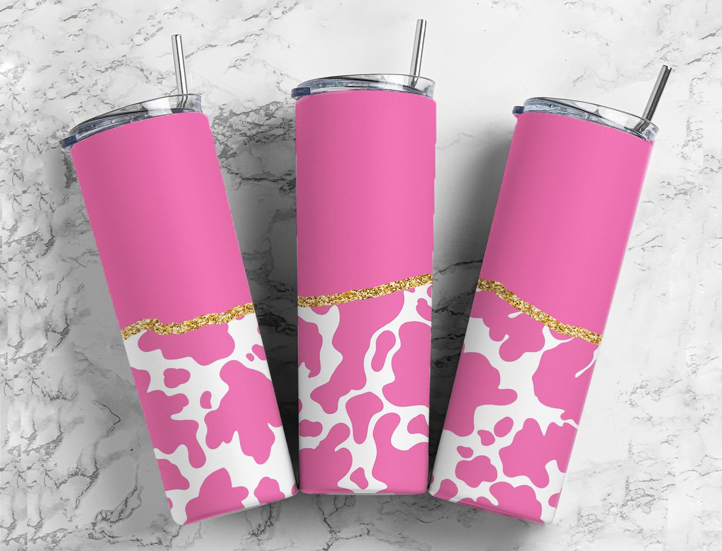 Split Gold Design-Pink Cow Print Stainless Steel Tumbler