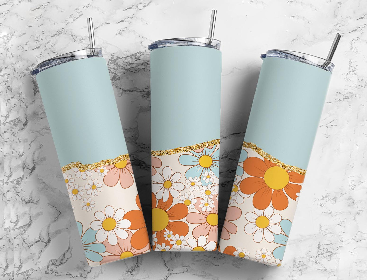 Split Gold Design-Light Blue Retro Flowers Stainless Steel Tumbler