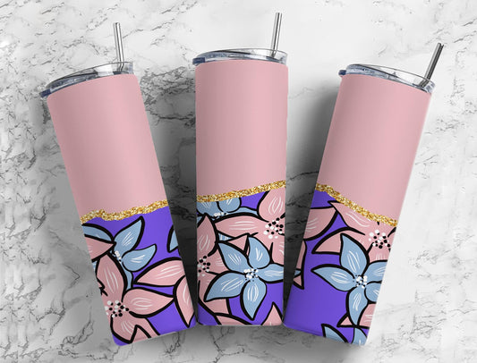 Split Gold Design- Pink/Purple Plumeria Stainless Steel Tumbler