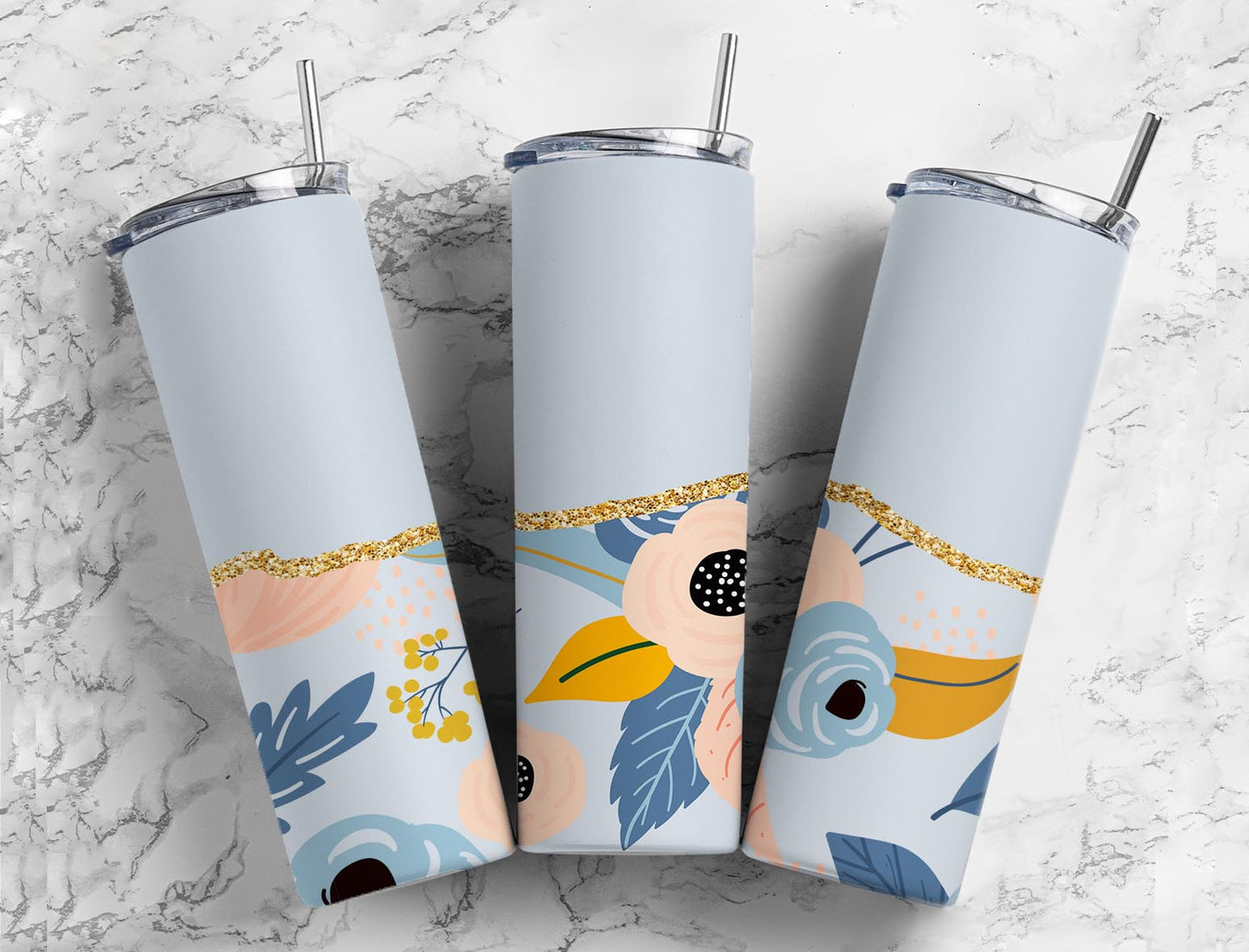 Split Gold Design- Blue Flowers Stainless Steel Tumbler