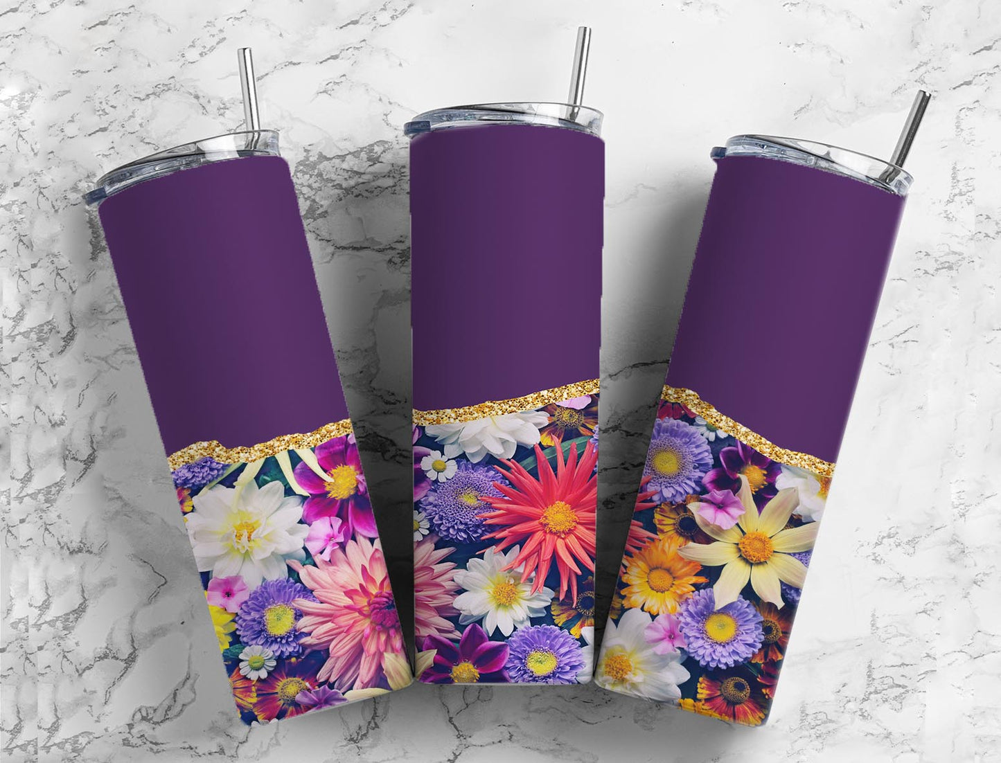 Split Gold Design- Purple Colorful Flowers Stainless Steel Tumbler