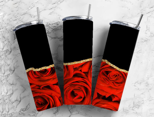 Split Gold Black and Red Roses Stainless Steel Tumbler