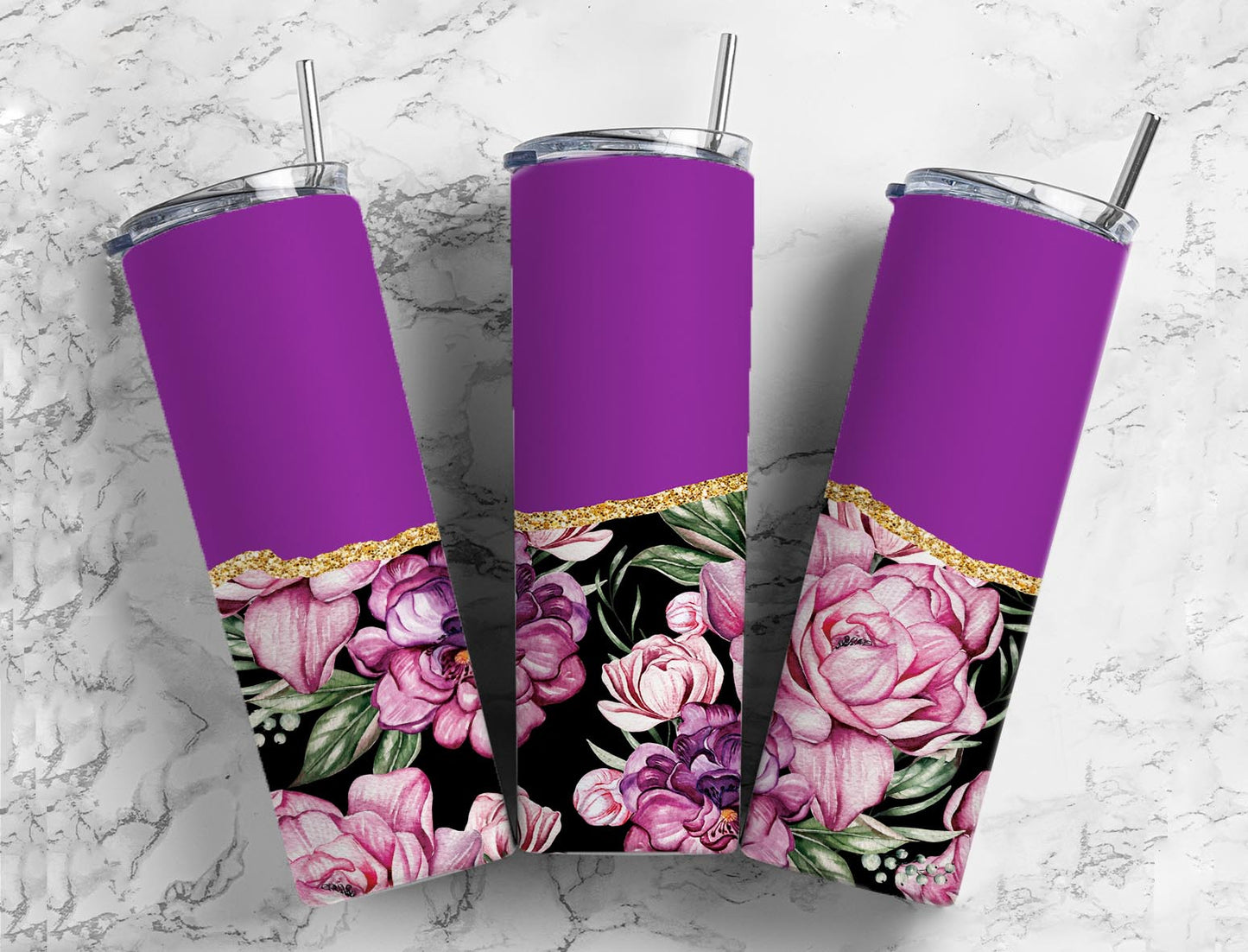 Split Gold Design- Purple Roses Stainless Steel Tumbler