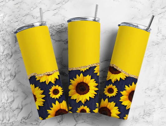 Split Gold Design-Denim Sunflowers Stainless Steel Tumbler