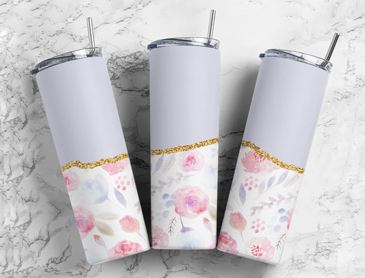 Split Gold Design- Purple/Pink Flowers Stainless Steel Tumbler