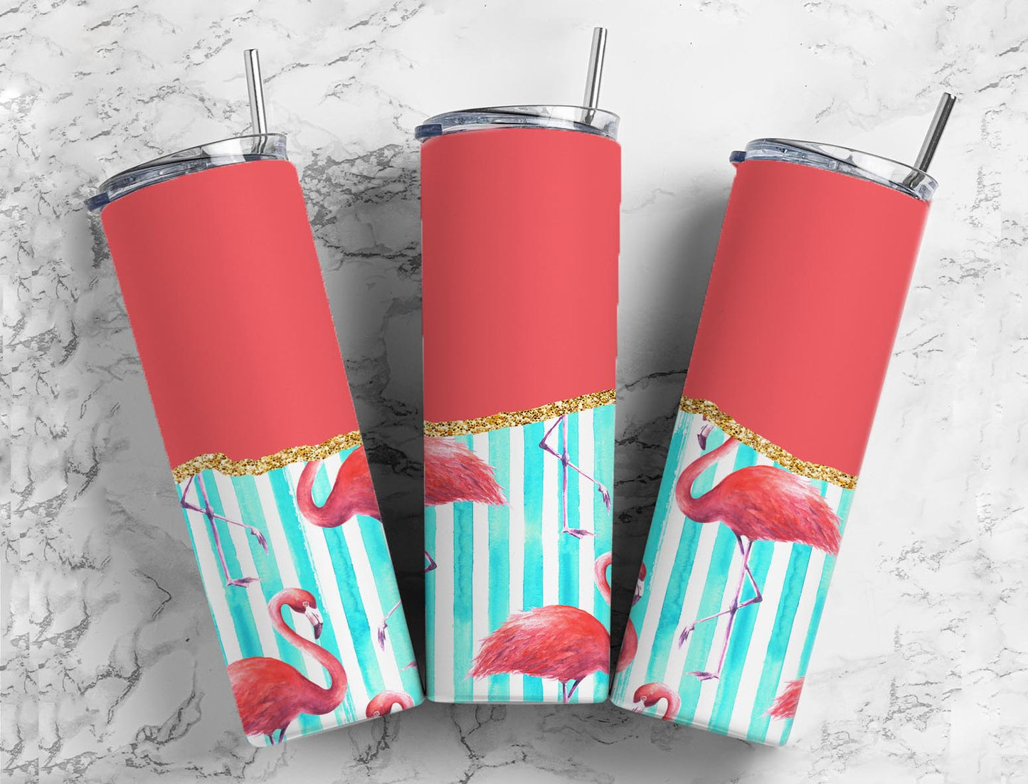 Split Gold Design-Striped Flamingo Stainless Steel Tumbler