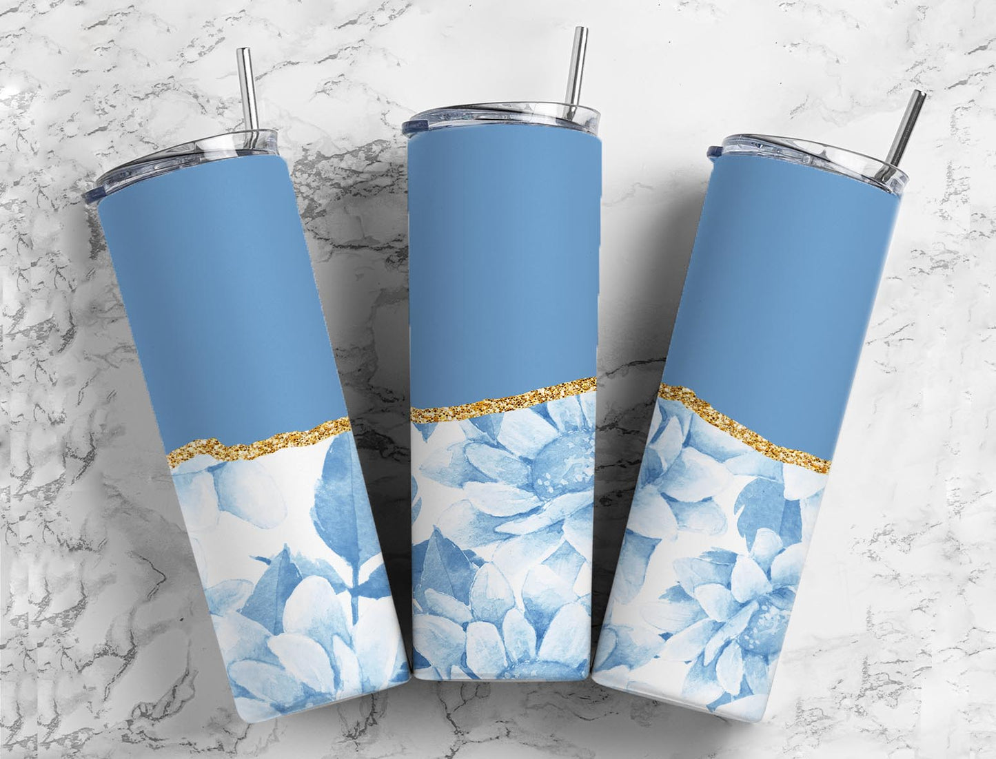 Split Gold Design- Light Blue Flower Stainless Steel Tumbler