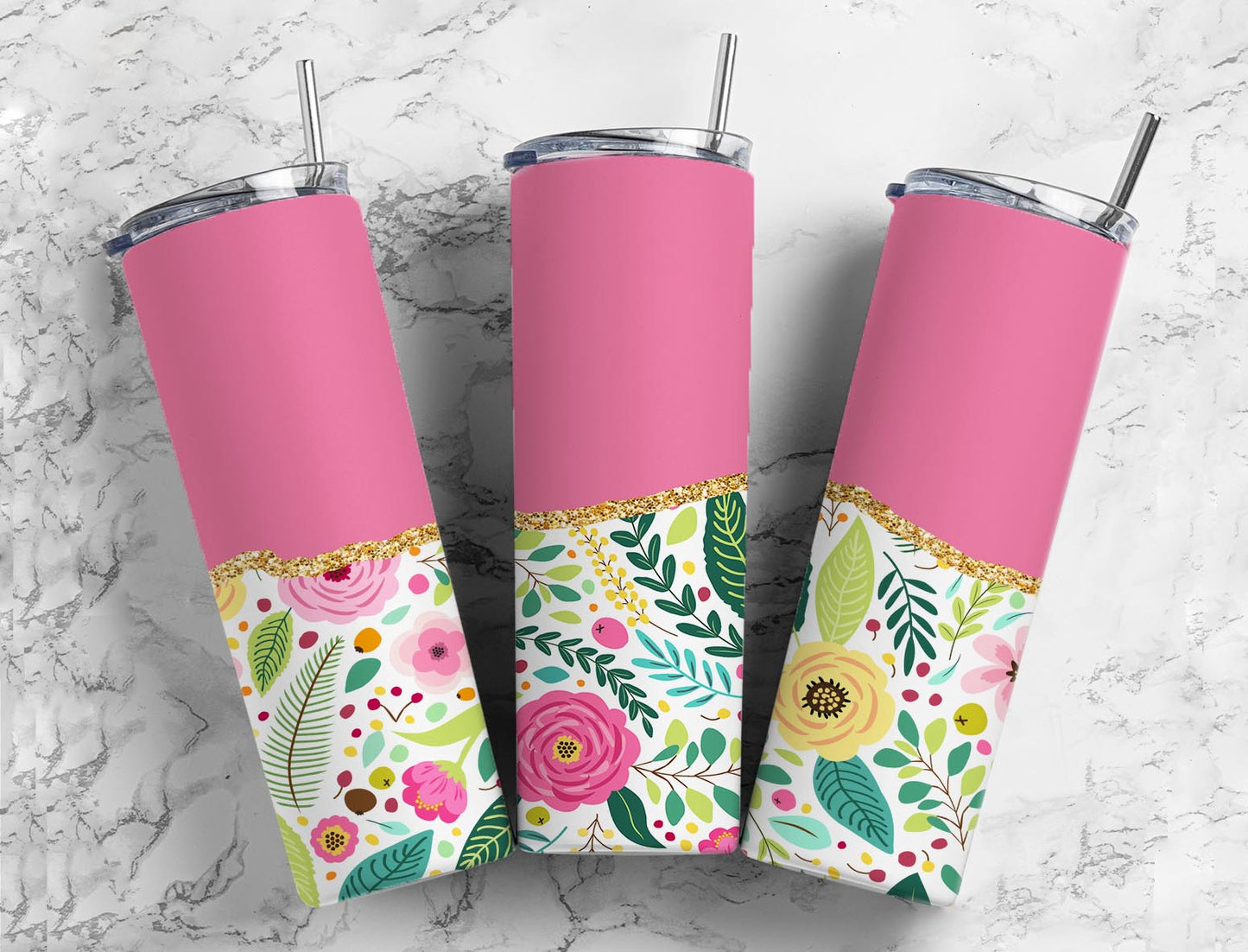 Split Gold Design- Pink Spring Floral Stainless Steel Tumbler