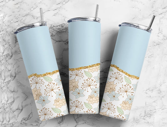 Split Gold Baby Blue Floral Stainless Steel Tumbler