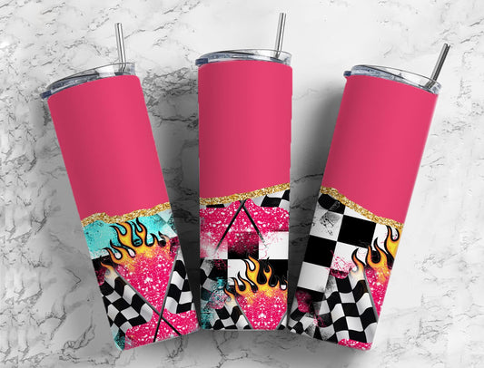 Split Gold Design- Pink Racing Flag Stainless Steel Tumbler