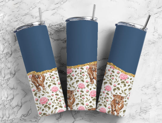 Split Gold Design- Blue Highland Cow Stainless Steel Tumbler